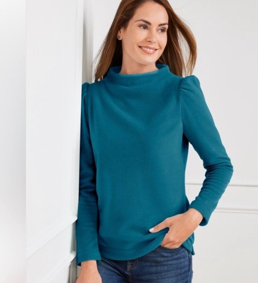 Talbots blue mock neck fleece puff sleeve sweater xs